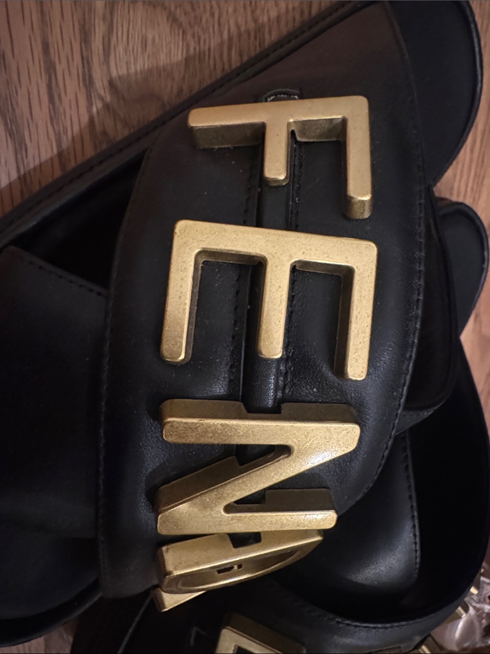 Source Unknown Fendi Black Leather Slide Sandals with Gold Logo - Picture 5 of 5